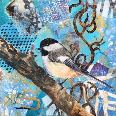 Linda Travers Smith: Black Capped Chickadee Mixed Media Collage
