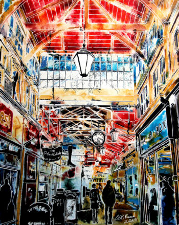 Covered Market Oxford. Walking into a Living Novel. This could be a scene from a Dickensian novel. With a lady wearing a long skirt walking beside a gentleman in silhouette. Everything about the painting screams history and old architecture. It’s easy to miss the covered market in Oxford, but once you find it, it’s like stepping back in time. How far back, you may wonder? I’ll tell you, but first let me show you how I see it. Oxford’s covered market is a hidden oasis of small shops and boutiques, alongside traditional butchers and greengrocers. In an age of supermarkets, these specialist shops with their traditional functions, are harder to find. Small towns and regions hold on to some them, but the competition from the big guys is fierce. Fortunately, human nature is such that small specialist providers will always spring up. This is a place that encourages niche shops.  Created in a time before literacy was widespread. The boot, as a symbol for the cobblers, caught my eye. Words are good, but with a symbol as clear as a boot, you know it’s a cobbler, and although this may be a more recent addition, such devices were once all that was required and still used, even today. One other shop can be identified, The hat box, not  common sight in the modern world. In the distance is Bonners, the last of many greengrocer’s. Sadly it closed in December 2025. Most of the shops retain the iron rails outside. Used for hanging goods on display which are taken down at the end of the day. Living with History My first encounter with the covered market was during my student days. It was a good place to get fruit and veg, and the first time I had ever seen game and feathered birds hung up outside the many butchers shops. Something of a shock to me as game birds weren’t common where I grew up. After shopping, there followed a heavily laden bike ride down St Aldates and the Abingdon road. It was often slow, wobbly, but, mercifully, mostly downhill. The Covered market building itself, features nothing especially different from spaces built all over Britain. That red roof gives it a festive feel in the depth of winter or height of summer. It’s a communal space, away from the whims of climate. An oasis in the summer and shelter from the rain and snow come winter, or just another shortcut from one place to another. When did it all begin? According to the Covered Market’s website, “The building dates back to the 1770s and has a long, varied and interesting heritage. In 1772, the original market committee accepted an estimate for nine hundred and sixteen pounds and ten shillings for the building of twenty butchers shops. John Gwynn, the architect for Magdalen Bridge, drew up the plans and designed the High Street frontage. Twenty more shops soon followed and grew into the delight it is now.” Find out more. More about the painting A visually busy scene, I regretted started it on many occasions. With so many windows, it seemed to take forever to reach the painting stage. Few people are about. The central couple walk on, taking in the scene. Oblivious to their reflections, ghosts of themselves follow invisible paths, all adding to the paintings, Dickensian feel. Of all things, it’s the roof that steals the your attention, the colour, the shape, the light and the glorious clock telling us it’s 3:30pm. The whole composition draws you along a path inwards. Towards the couple and beyond to the yellow glow around Bonners the greengrocers. We’re walking through the covered market without taking a single step. Which way would you like to go now?