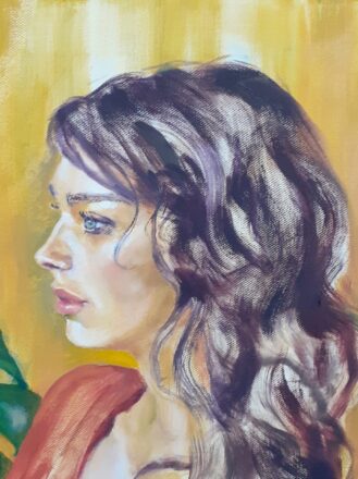 Dhani, beside the Monstera, detail. Oil on canvas, 50cm x 60cm.