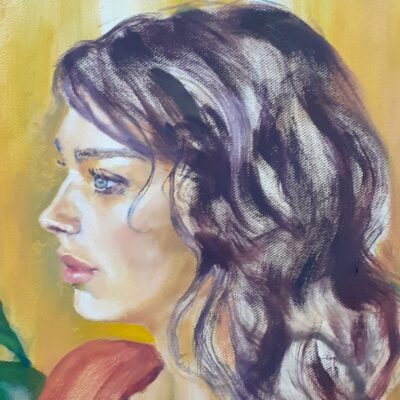 Joanna Stone: Dhani, beside the Monstera, detail. Oil on canvas, 50cm x 60cm.