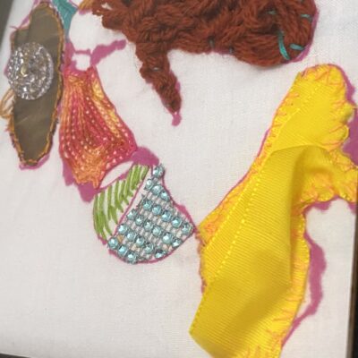 Deborah Humm: Embroidered Journey of Creatures. Embroidery with embellishments, within a box frame 23x23cm