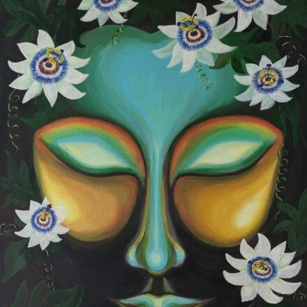 This artwork Ethereal Bloom - is a feeling of calm amidst the forest quietness that heightens our senses. I have always wanted to paint these passion flowers, these are so precise and yet so delicate. This piece of art is a combination of the ethereal, mask-like face and the intricate Passion Flowers creating a serene, an almost meditative atmosphere. A bridge between the physical world and the spiritual realm, with a sense of fragrance and glow making the flower alive. This artwork can also be viewed at night or in dark, to see the glowing Ethereal Bloom!