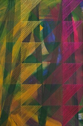 Harlequin Blooms - acrylic and embroidery - 48 x 32cm