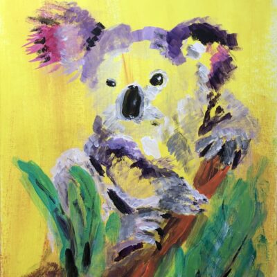 Fiona Ryan-Watson: Koala eyes - Abstract colourful and textural koala on solid yellow background
