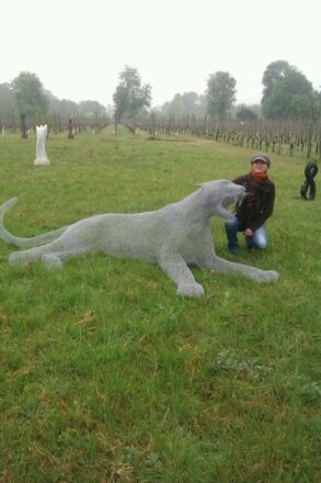 Tigris Panthera 2013 Made from upcycled chicken wire. No frame was used for this sculpture, just an alternative way of working the wire that make the body strong whilst only using 3-5 layers of chicken wire. The head has a lot of detail to draw more attention and the rest of the body is more translucent to illustrate the fading of the number of Tigers in the wild. The form depicts the Tiger reacting to the viewer intruding in his space. Man is ever intruding on wildlife’s envi