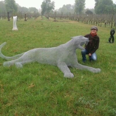 Lindsay Neale Waring - Sculptor: Tigris Panthera 2013 Made from upcycled chicken wire. No frame was used for this sculpture, just an alternative way of working the wire that make the body strong whilst only using 3-5 layers of chicken wire. The head has a lot of detail to draw more attention and the rest of the body is more translucent to illustrate the fading of the number of Tigers in the wild. The form depicts the Tiger reacting to the viewer intruding in his space. Man is ever intruding on wildlife’s envi