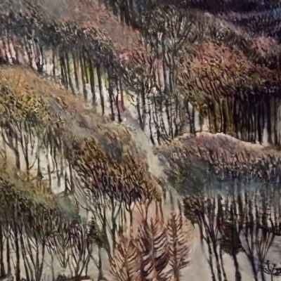 Fiona McMillan: Oil on board. Wendover Woods in Snow. January midday.