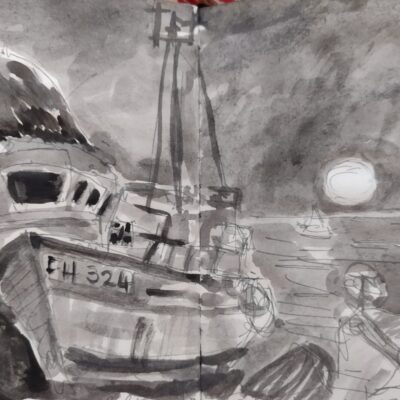 Fiona McMillan: Sketchbook study. The moon rising above the sea at Cadgwith, Cornwall August, ink