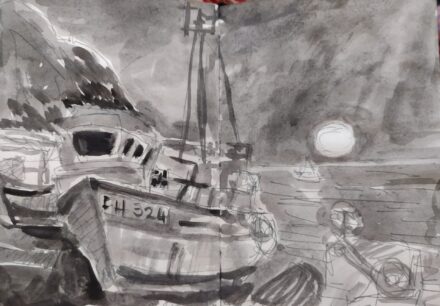 Sketchbook study. The moon rising above the sea at Cadgwith, Cornwall August, ink