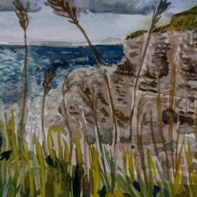 Fiona McMillan: Sketchbook study, Dorset coast, midday August, Gouache and graphite