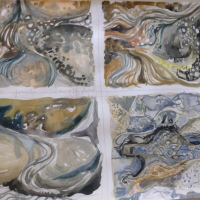 Fiona McMillan: Sketchbook studies using gouache of water flowing around pebbles at Porth Nanven, Cornwall.