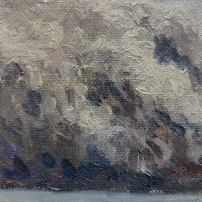 Fiona McMillan: Dark cumulus, summer afternoon, small oil study on canvas 10 cm x 15 cm