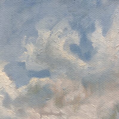 Fiona McMillan: "We are as clouds'' Cirrus on summers afternoon. Oil study on canvas 10 cm x 15 cm