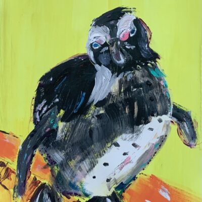 Fiona Ryan-Watson: Funky Penguin - Bold, textural and colourful abstract penguin on yellow background