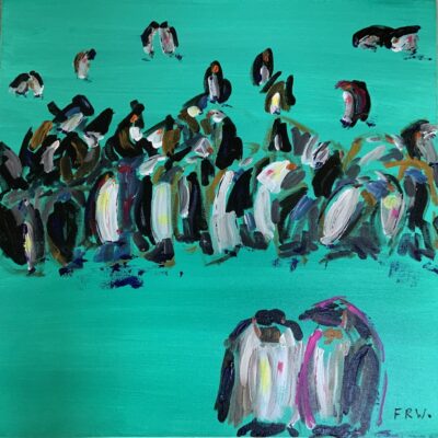 Fiona Ryan-Watson: Penguin Huddle - abstract penguins on turquoise