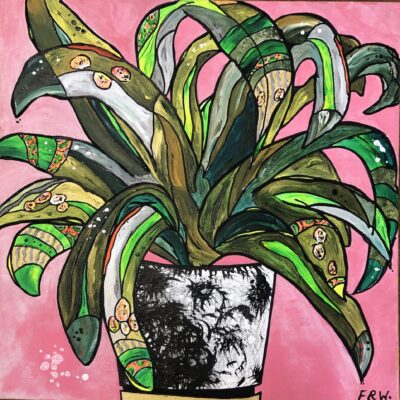 Fiona Ryan-Watson: Be Still.  Just Growing 1.  Funky plant on vivid pink background.