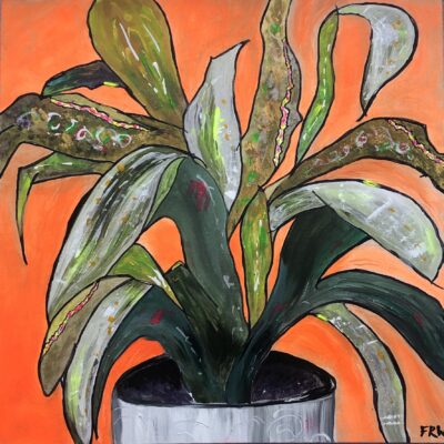 Fiona Ryan-Watson: Be Still.  Just Growing 2.  Funky plant on bright orange background.