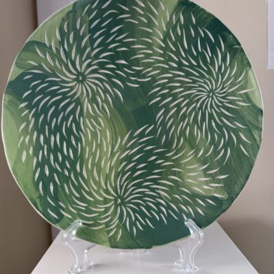 Fiona Wilcock: Slip coated and carved platter. Earthenware.