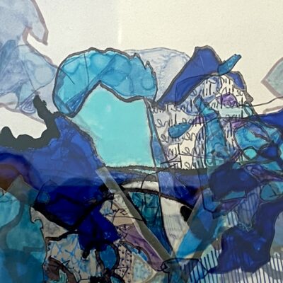 Deborah Humm: Line of Thought. Layered blue drawings within perspex standalone frame A4