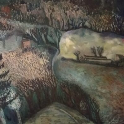 Fiona McMillan: Oil on canvas. Looking out towards The Lee, Buckinghamshire. An early Spring evening.