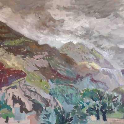 Fiona McMillan: Oil on board. Looking towards Snowdon/Yr Wyddfa, Snowdonia. Midday.
