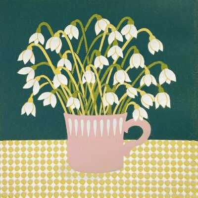 Nathalie Pymm: 'Snowdrops in a cup' an original handpulled lino print