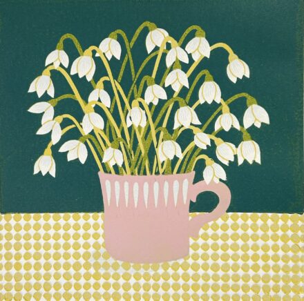 'Snowdrops in a cup' an original handpulled lino print