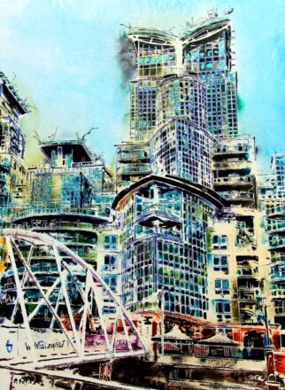 Something about this building reminds me of owls, the sloping and curved roof. The beak like outlined shape of the lower two sections. St George Wharf, Riverside Walk is on the south bank of the Thames, near Vauxhall wharf.  The image used was taken from the Thames clipper on which I was cruising towards Canary Wharf. A veritable sea of green. It gives off ocean vibes, at least a marine blue palette. There’s so much to see, with curving glass walls of windows, terraces and turrets, with what must be fabulous river views.  The Bridge on the left disappears off to the wharf, pristine white. It’s a familiar shape seen in bridges across the UK. Nothing special in itself, and yet something very special in its design. Simple, elegant and functional, easy to overlook, whilst simultaneously being something striking.  The degree of detail caused much frustration in the making, not least the masking removal, not fully completed, at the time of writing,. This time of year, late July, I’m often faced with a challenge when removing masking fluid, hot weather affects the latex, causing it to morph into a particularly sticky state. The scale of the owl tower isn’t immediately obvious until you see the figures on the walkway. Heads just below the canopy of a cafe umbrella, the white triangles.  A flag flutters in the breeze. The balcony is quiet. It’s daytime on a weekday, and the weather isn’t particularly bright, but how busy it must be on a warm summer’s day, when the living is easy and you can see for miles. St George Wharf, Riverside Walk - ©2025 - Cathy Read - Watercolour and Acrylic Ink- 76x56cm