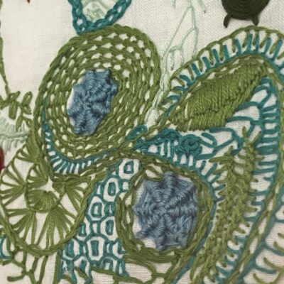 Deborah Humm: Untangled Wheels. Embroidered journey of thought, within box frame 26x26cm