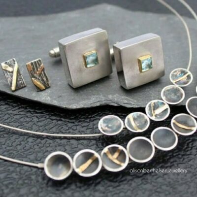 Alison Berthelsen: 'Black & Gold' Oxidised silver,9ct gold collection. Silver, 18ct gold & pyramid Topaz Box Cufflinks