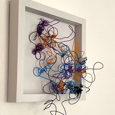 Deborah Humm: Leaping Thoughts 3D ABS plastic drawing protruding from box frame 20x20cm
